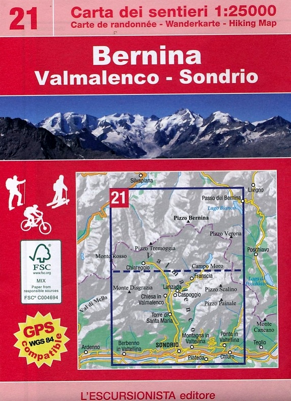 ESC-21  Bernina, Valmalenco, Sondrio | wandelkaart 1:25.000 9788898520398  Escursionista Carta dei Sentieri 1:25.000  Wandelkaarten Turijn, Piemonte